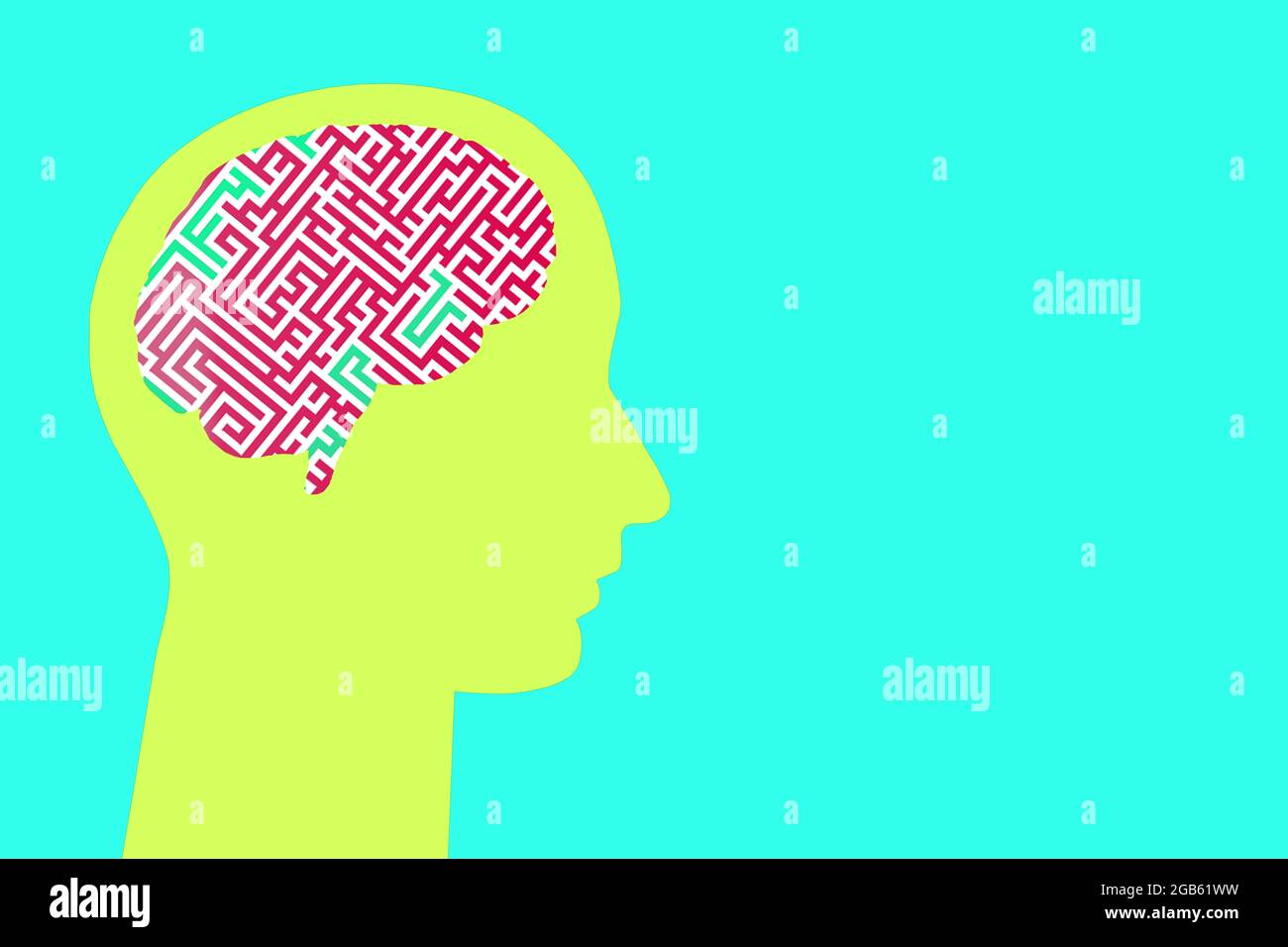 multicolored head on a colored background with a labyrinth in the brain Stock Photo