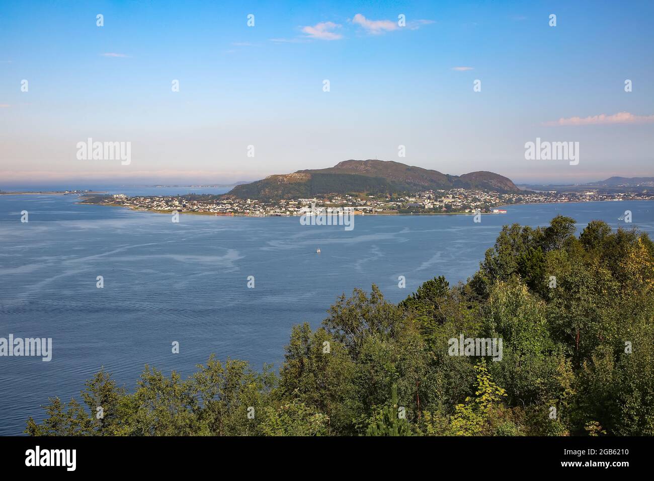 View of the beautiful landscape of the archipelago, islands and fjords from the viewpoint Aksla, Alesund, Norway. Stock Photo