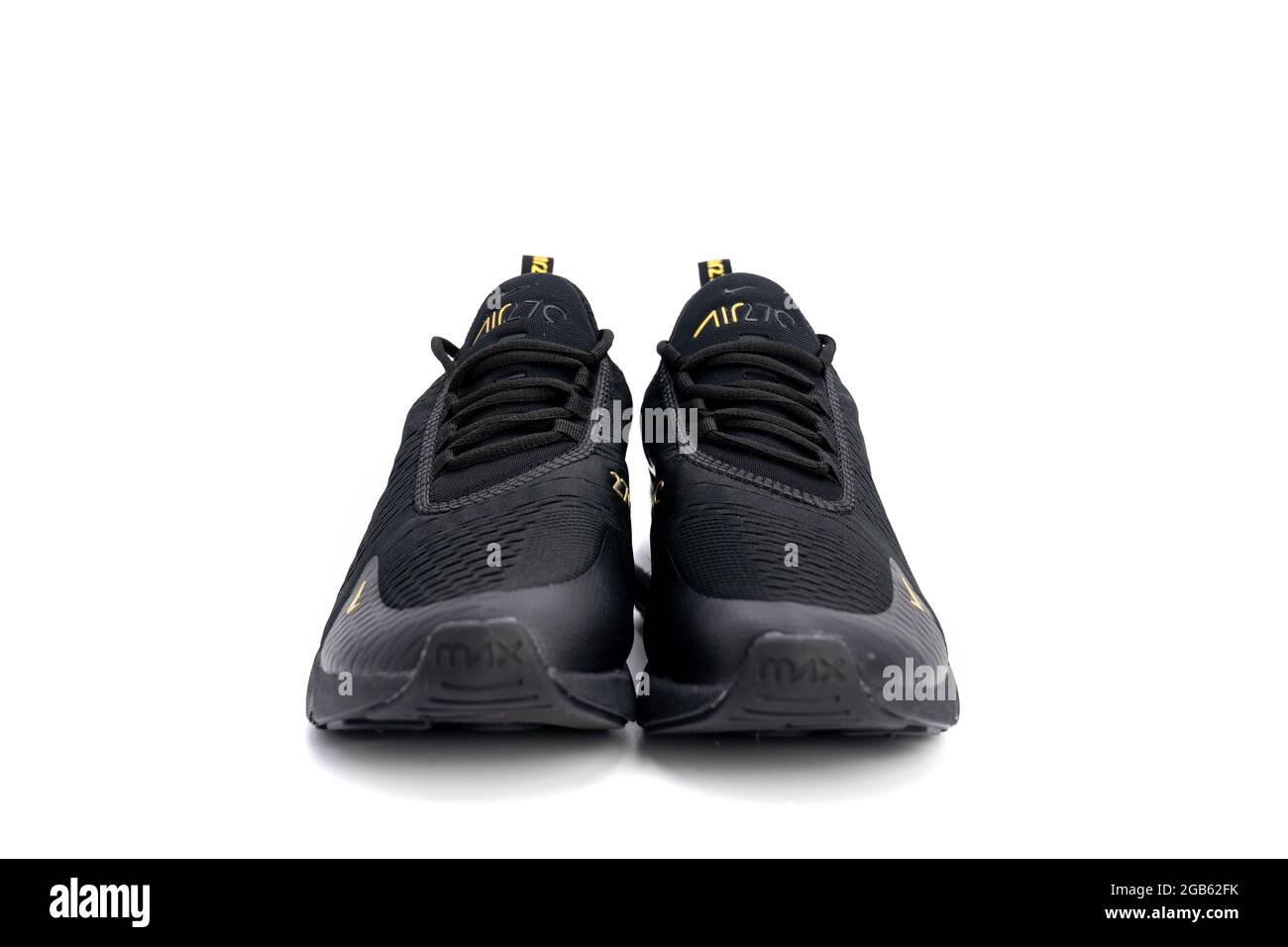 Bangkok, Thailand - 23 Mar 2020, Nike air max 270 black and gold adult's sport shoes, sneakers, trainers detailed close up shot on studio light white Stock Photo Alamy