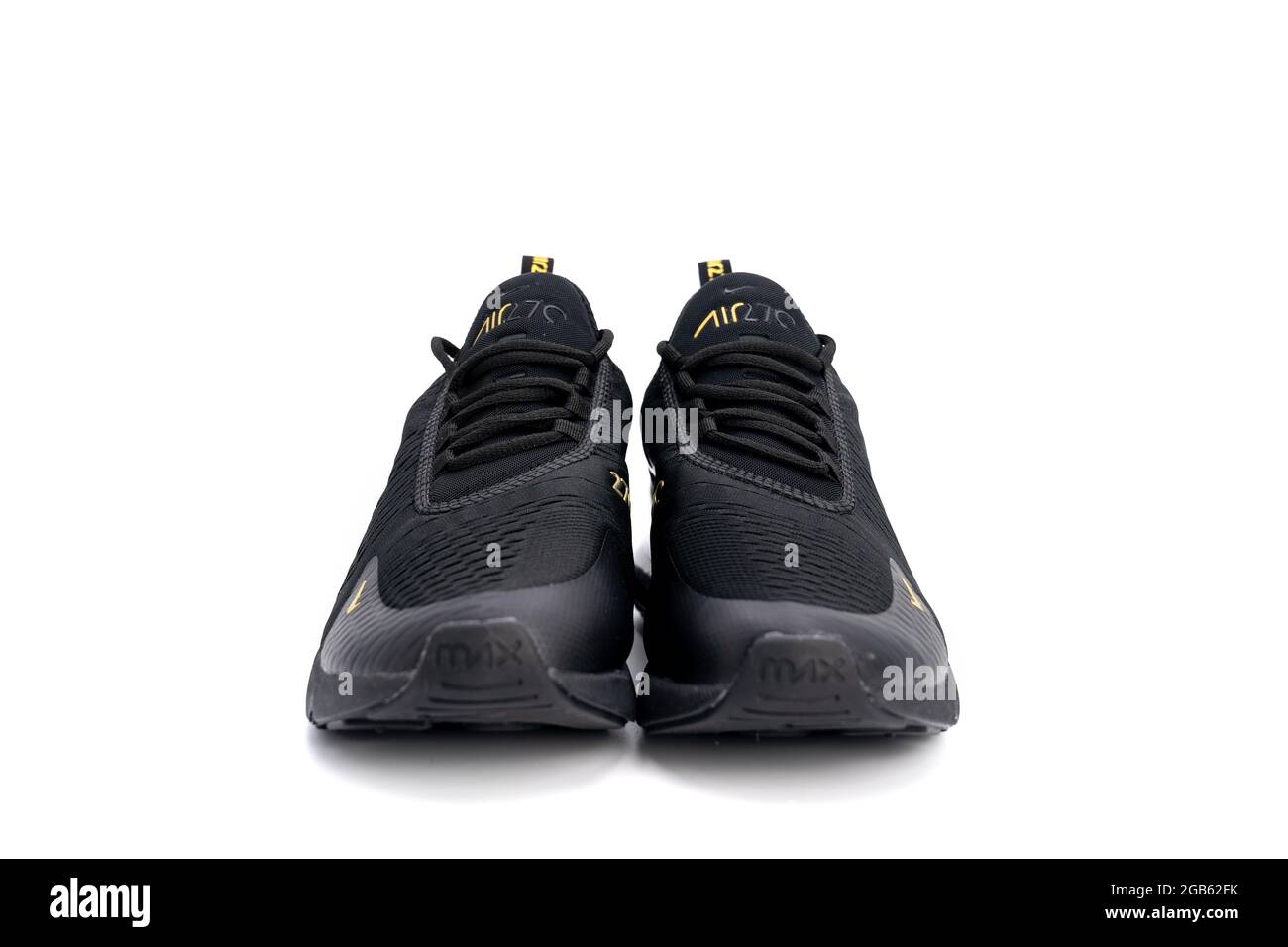 Bangkok, Thailand - 23 Mar 2020, Nike air max 270 black and gold adult's  sport shoes, sneakers, trainers detailed close up shot on studio light  white Stock Photo - Alamy