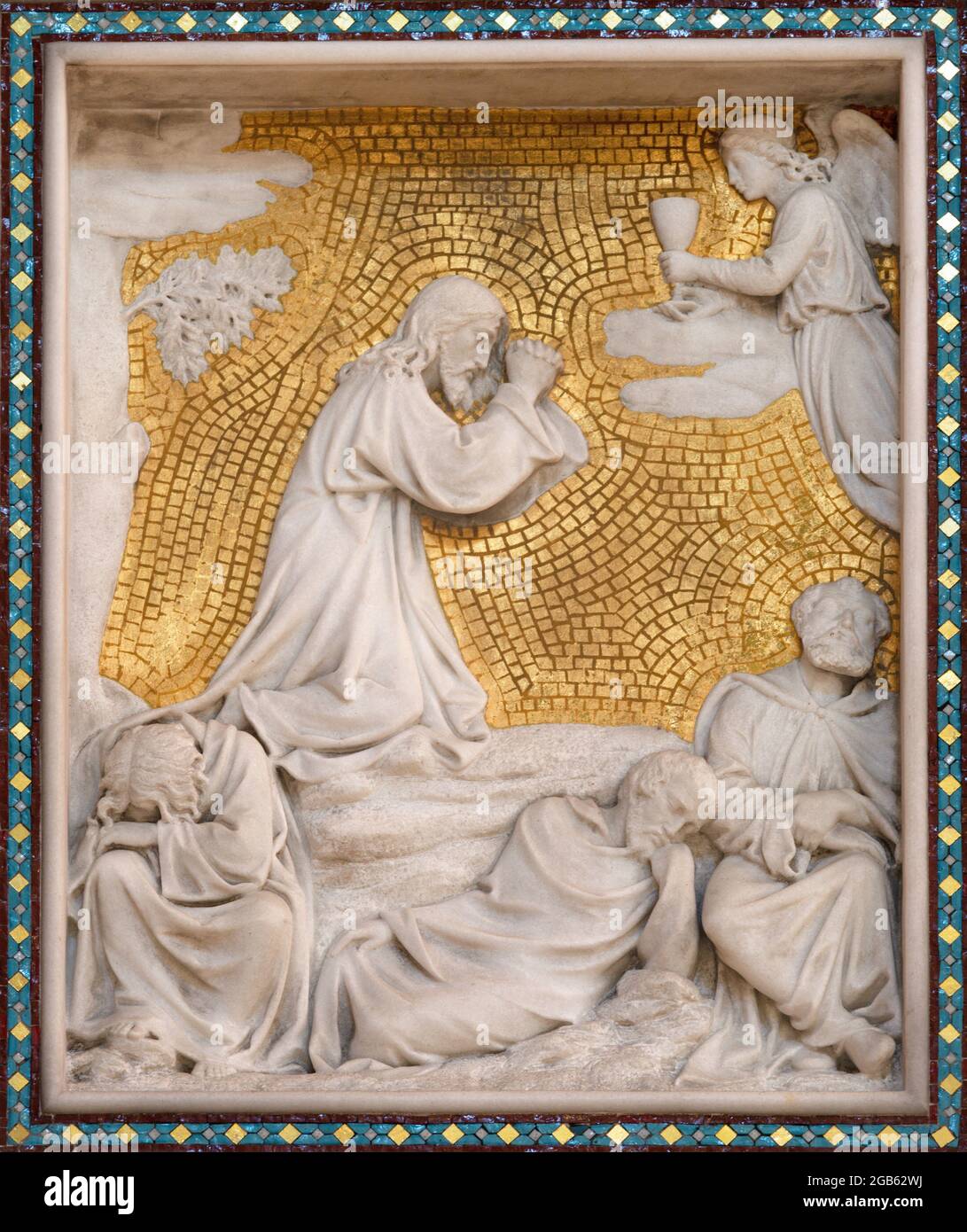 VIENNA, AUSTIRA - JUNI 24, 2021: The relief of Jesus prayer in the Gethsemane garden on the sidealtar of Votivkirche cathedral from 19. cent. Stock Photo