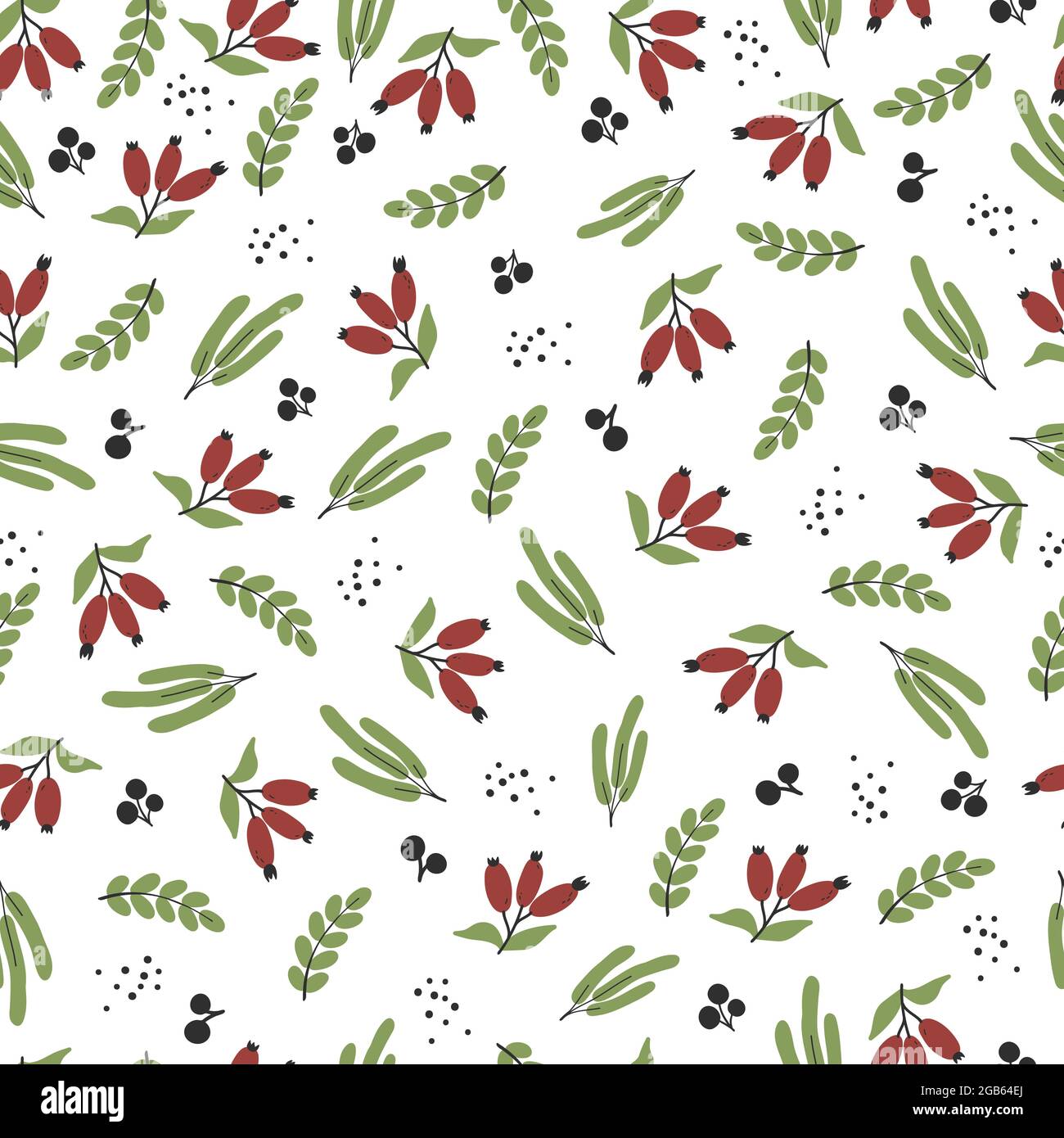 Hand drawn vector seamless pattern with leaves and berries on white background. Herbal texture Stock Vector