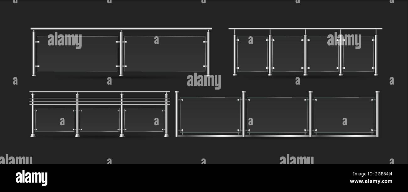 Section of glass fences set, 3d handrails acrylic fencing collection, plexiglass railing Stock Vector