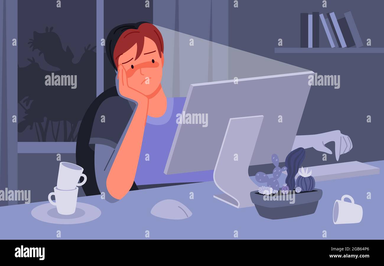 Freelance worker sitting at night to work hard, depressed bored unhappy man working late Stock Vector