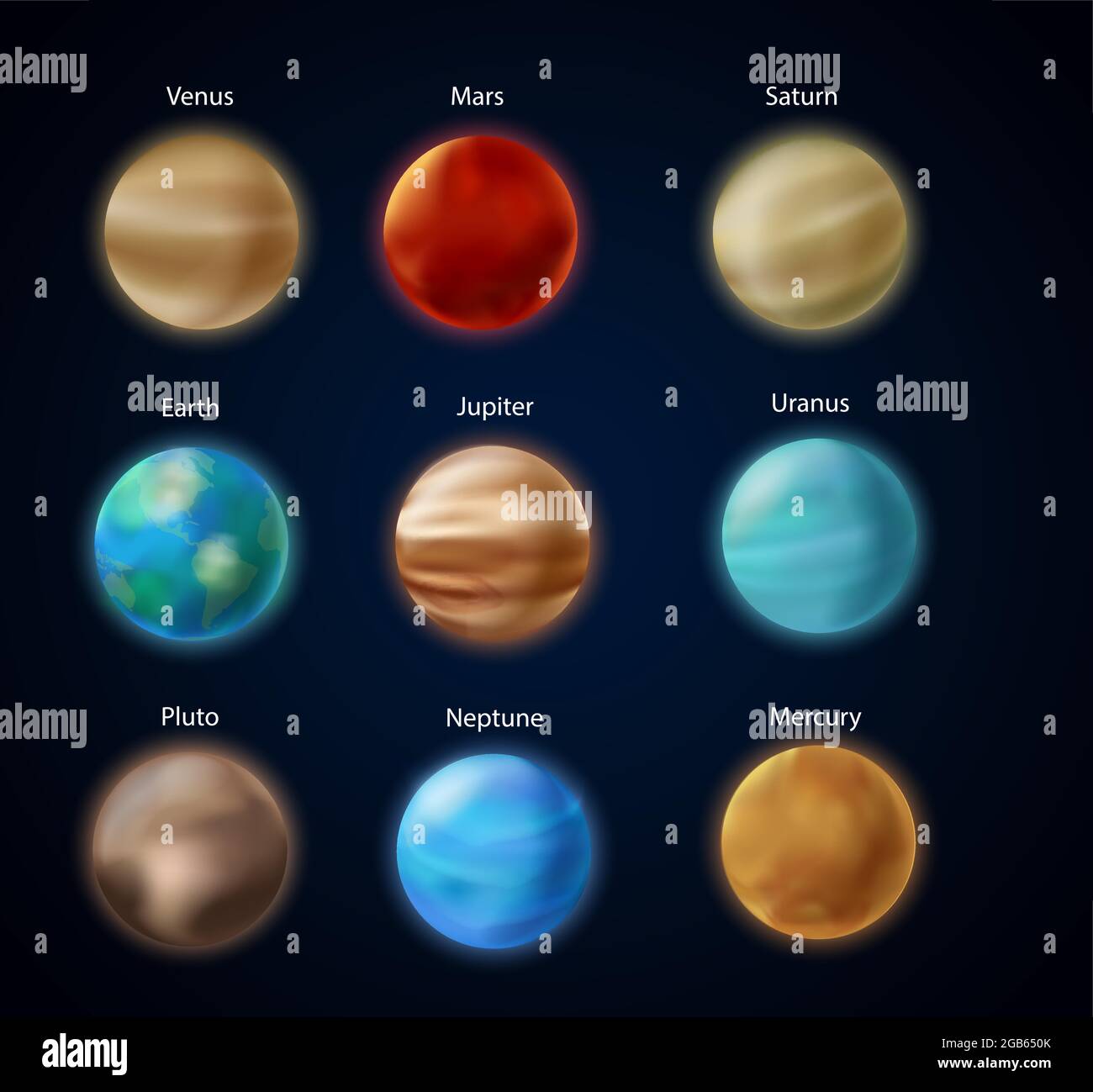 Solar system planets, 3d Earth Mars Mercury Saturn Uranus Jupiter Venus Neptune in sky Stock Vector