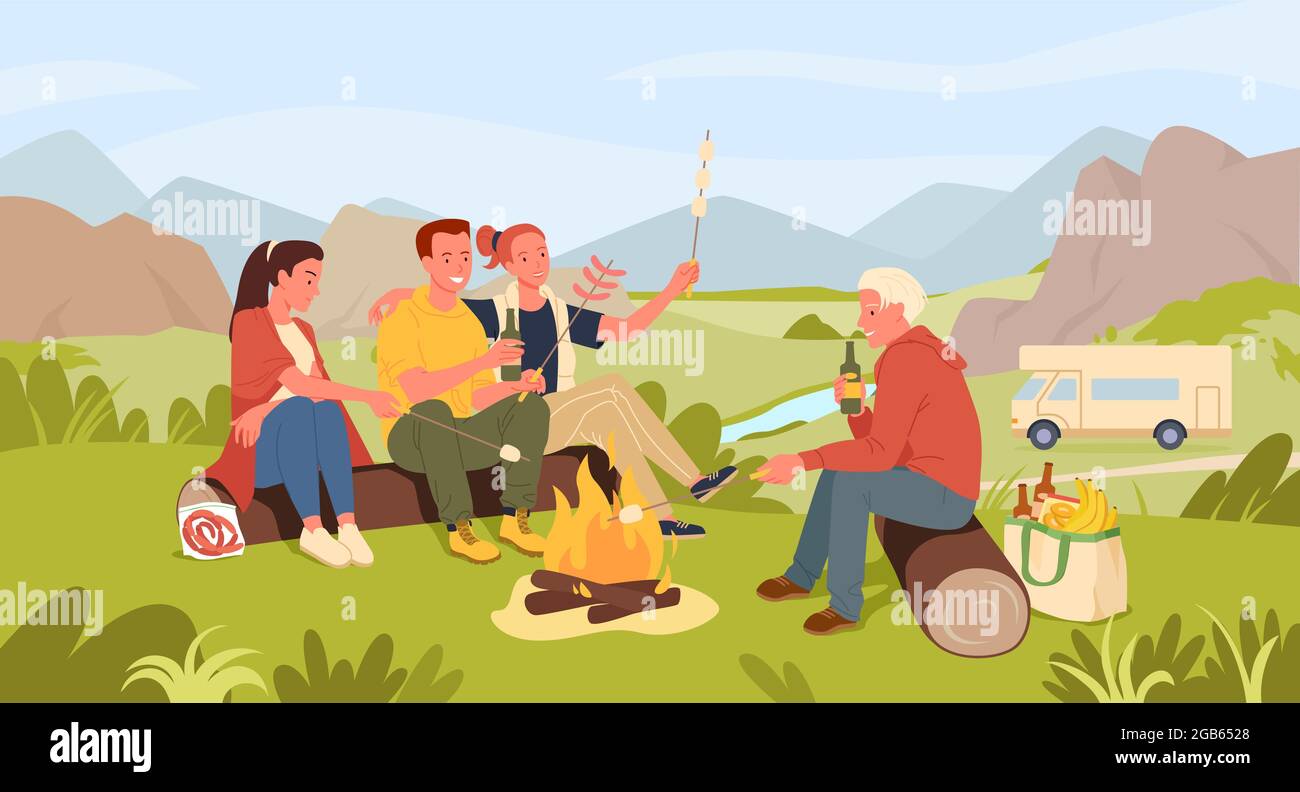 Friends people cooking marshmallow, camping in summer landscape, sitting by campfire Stock Vector