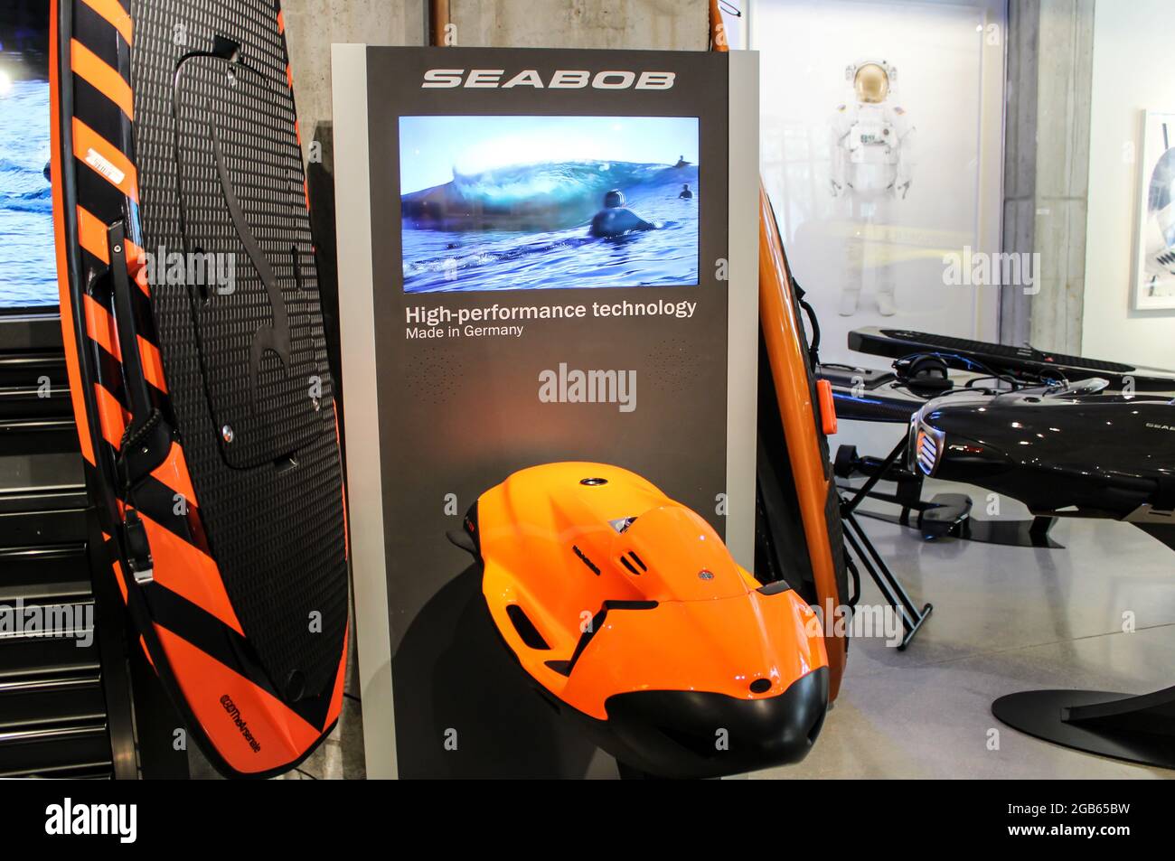 The Seabob F5 watersport vehicle displayed at The Arsenale in the Miami Design District Stock Photo