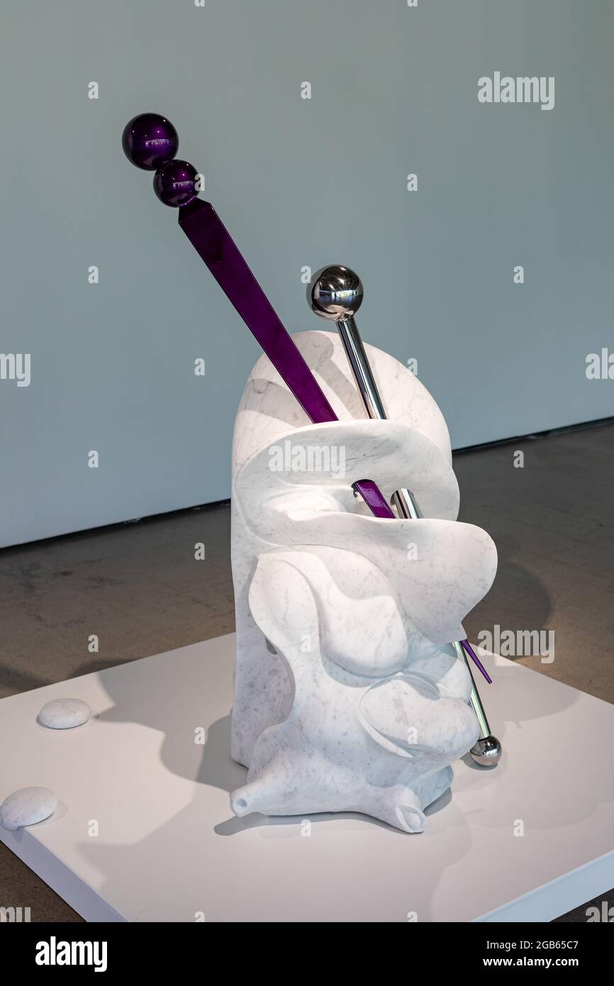 Duesday (2018), contemporary sculpture made of marble and stainless steel by sculptor Aaron Heino at EMMA modern art museum in Espoo, Finland Stock Photo