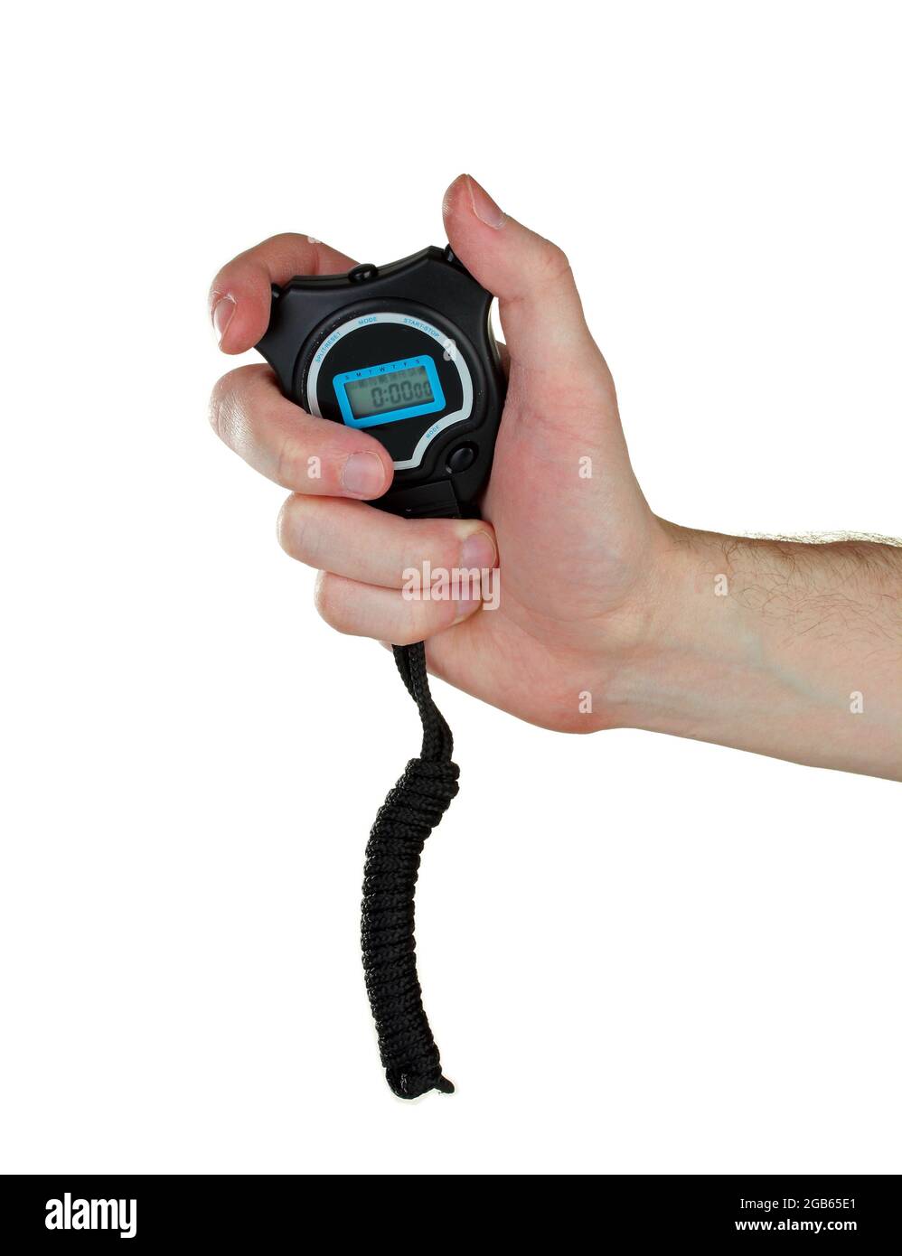 electronic sport timer in hand isolated on white Stock Photo Alamy