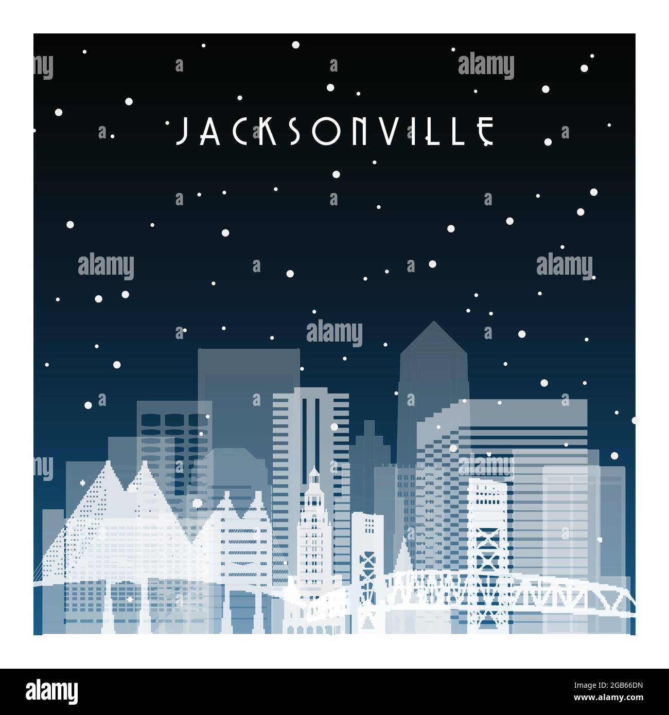 Winter night in Jacksonville. Night city in flat style for banner, poster, illustration, background. Stock Vector