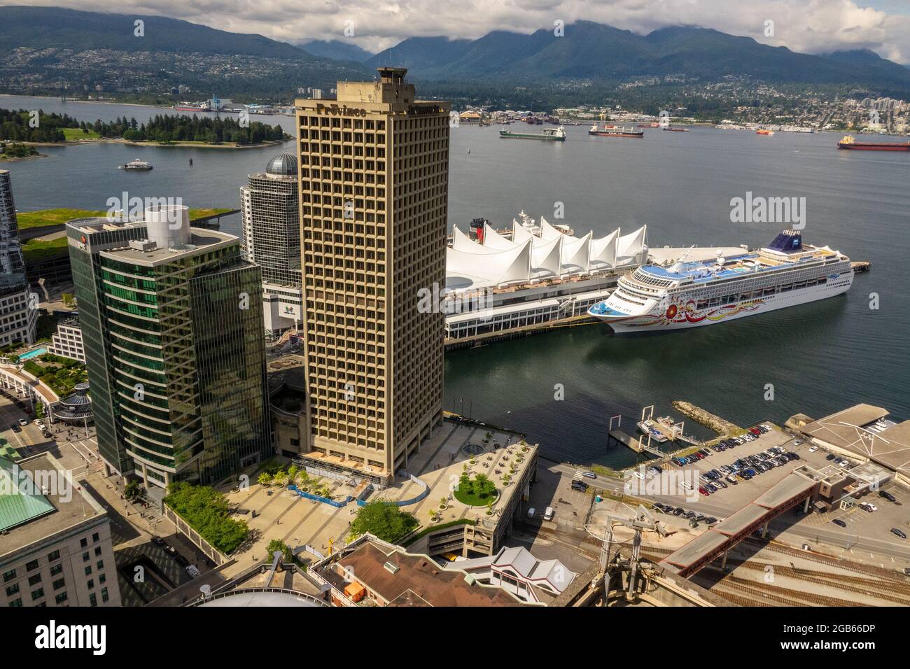 Canada Place Aerial Vancouver British Columbia Norwegian Sun Cruise Ship In Port Vancouver British Columbia Stock Photo