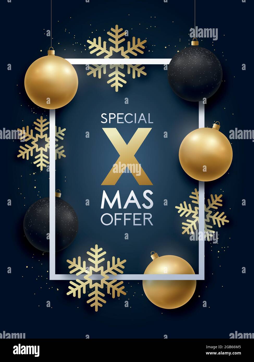 Realistic Christmas design with inscription Special Xmas Offer. Gold and black Christmas ...