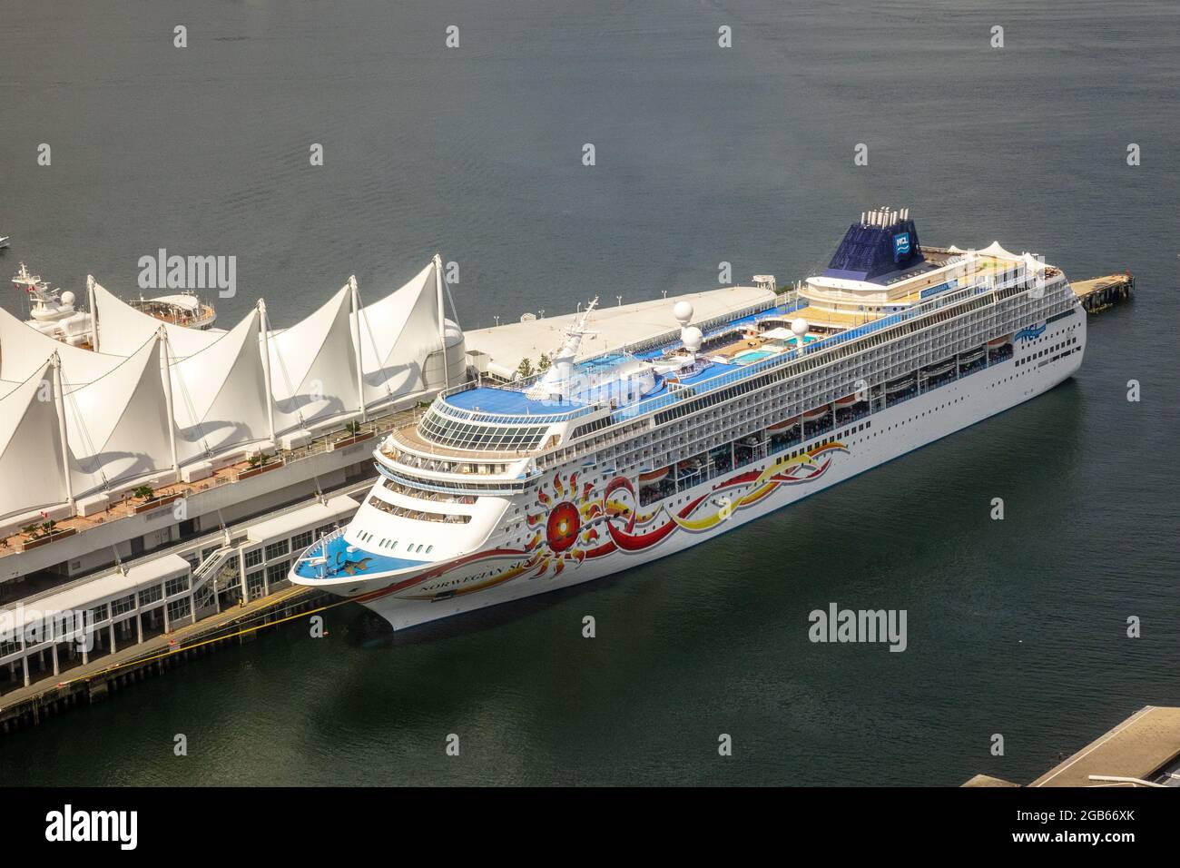 Norwegian Sun Cruise Ship In Port At Canada Place Vancouver British Columbia Aerial Shot Stock Photo