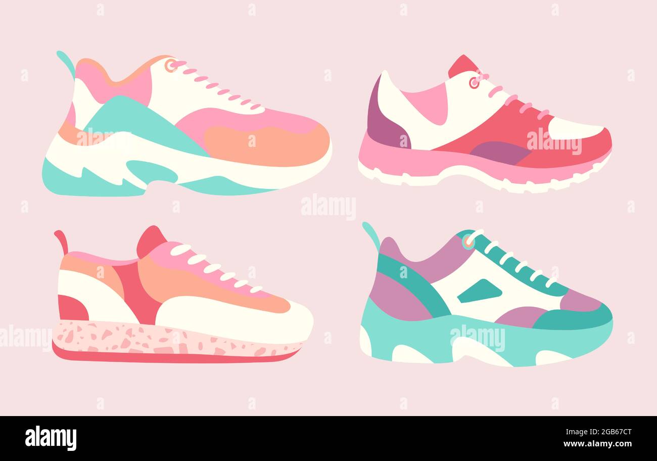 Snickers shoes vector illustration. Cartoon flat collection of man woman fashion footwear in different colors, sneakers shoes for fitness sport Stock Vector