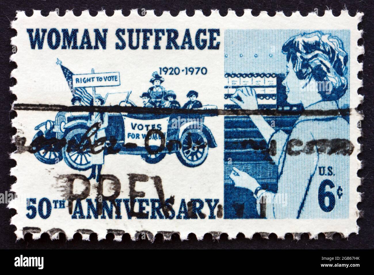UNITED STATES OF AMERICA - CIRCA 1970: a stamp printed in the USA shows Suffragettes, 1920 and Woman Voter, 1970, 50th Anniversary of the 19th Amendme Stock Photo