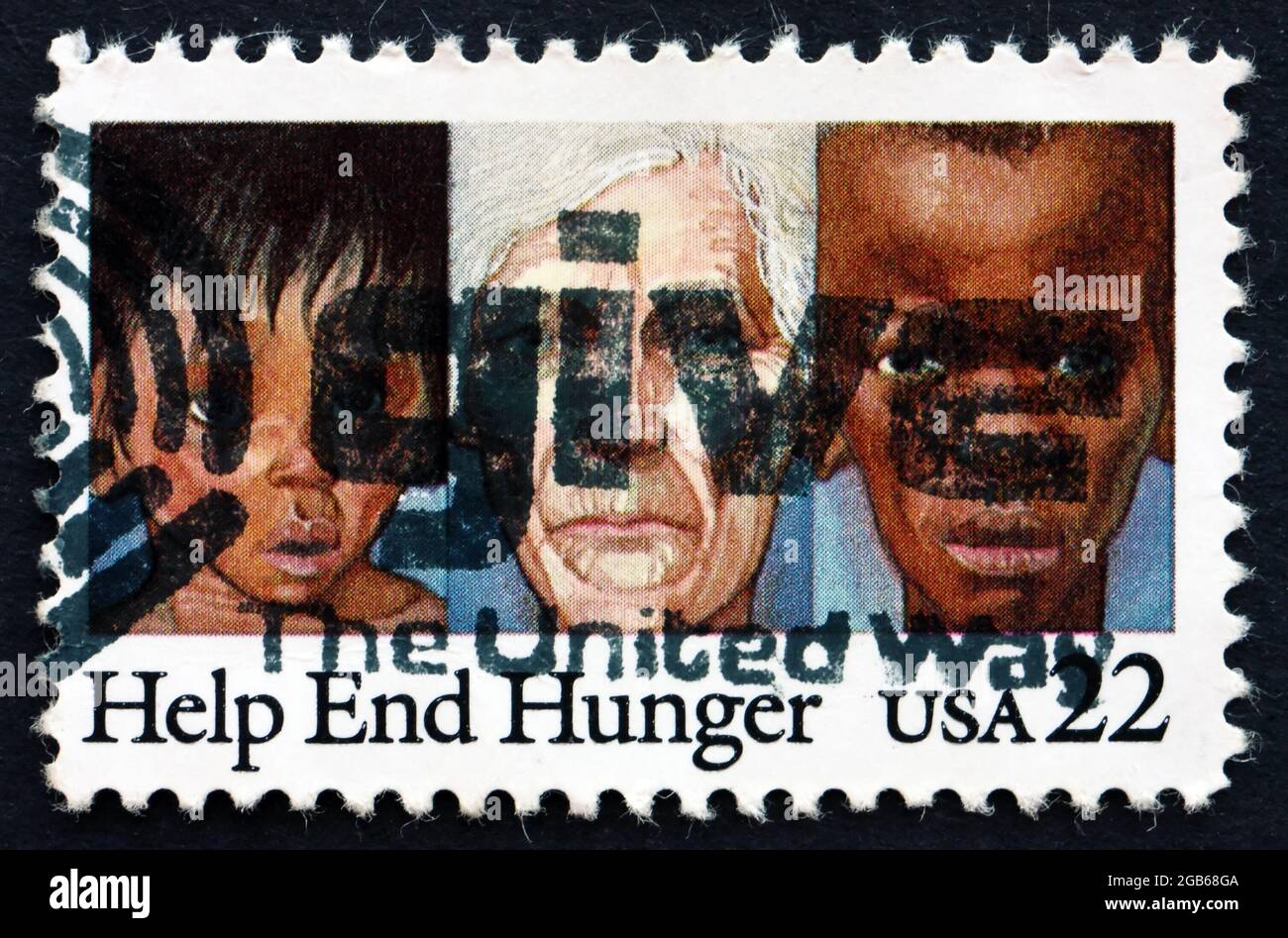 UNITED STATES OF AMERICA - CIRCA 1985: a stamp printed in the USA shows Youths and Elderly Suffering from Malnutrition, circa 1982 Stock Photo