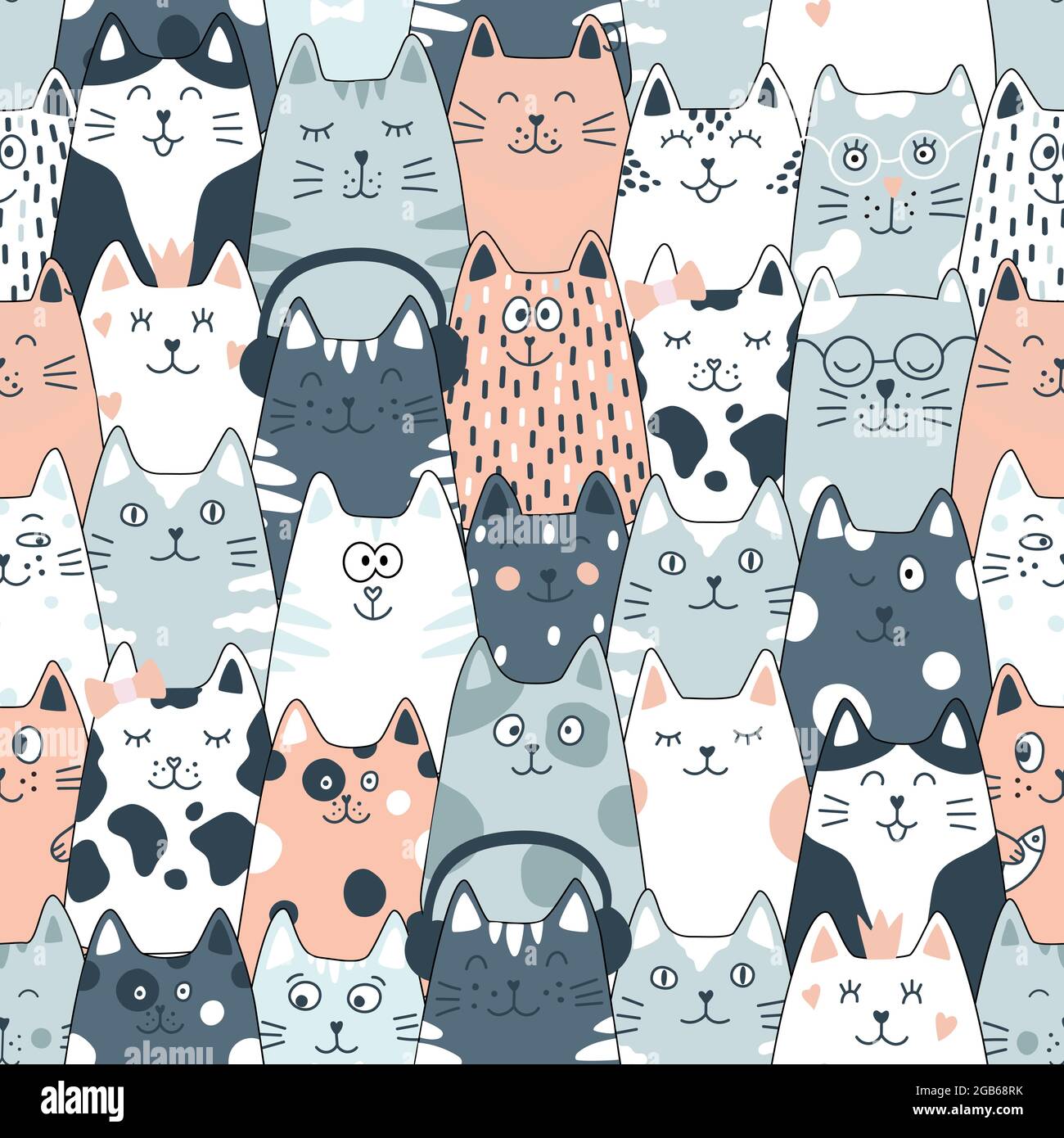 Seamless pattern with cats. Cute cat set. Funny cartoon animal ...