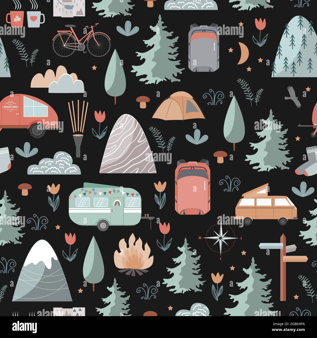 Hand drawn vector seamless pattern with summer camping equipment ...