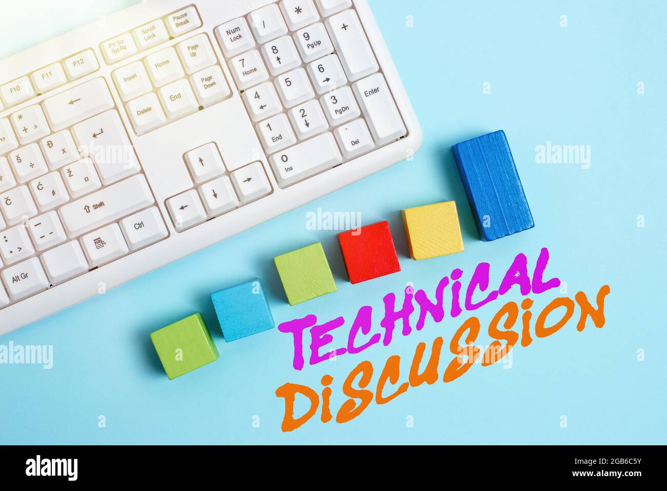 Text sign showing Technical Discussion, Word for conversation or debate about a specific technical issue Stack of Sample Cube Rectangular Boxes On Sur Stock Photo