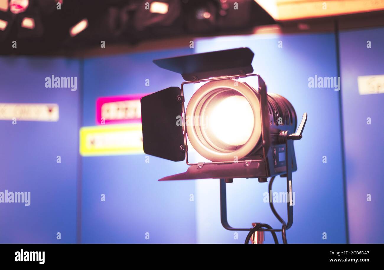 Professional studio spotlight in a TV studio. Lighting equipment for