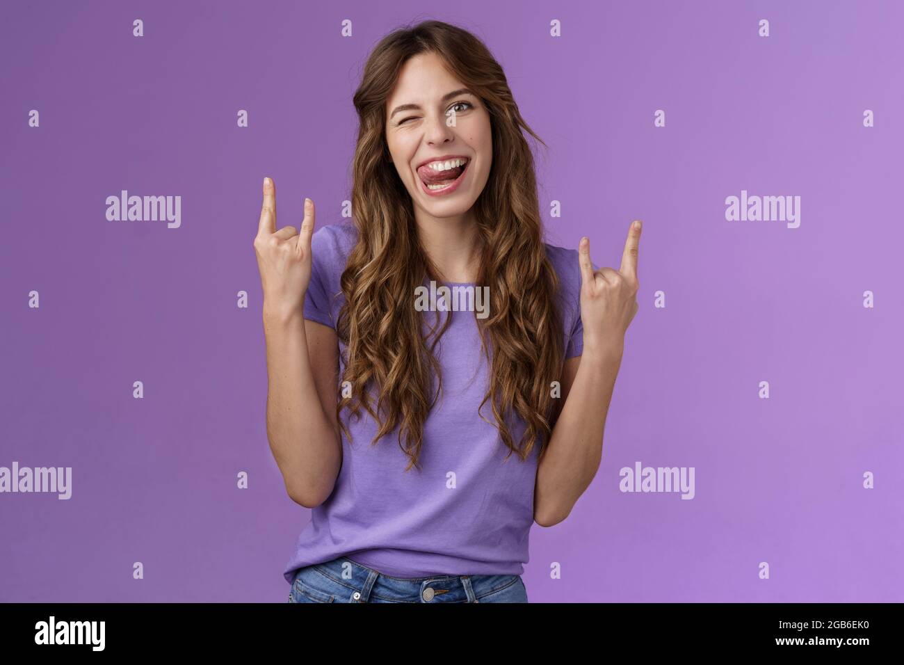 Daring sassy funny attractive woman having fun enjoy awesome party arrange music concert gathering show rock-n-roll heavy metal sign joyful stick Stock Photo - Alamy Daring sassy funny attractive woman having fun enjoy awesome party arrange music concert gathering show rock-n-roll heavy metal sign joyful stick Stock Photo - Alamy