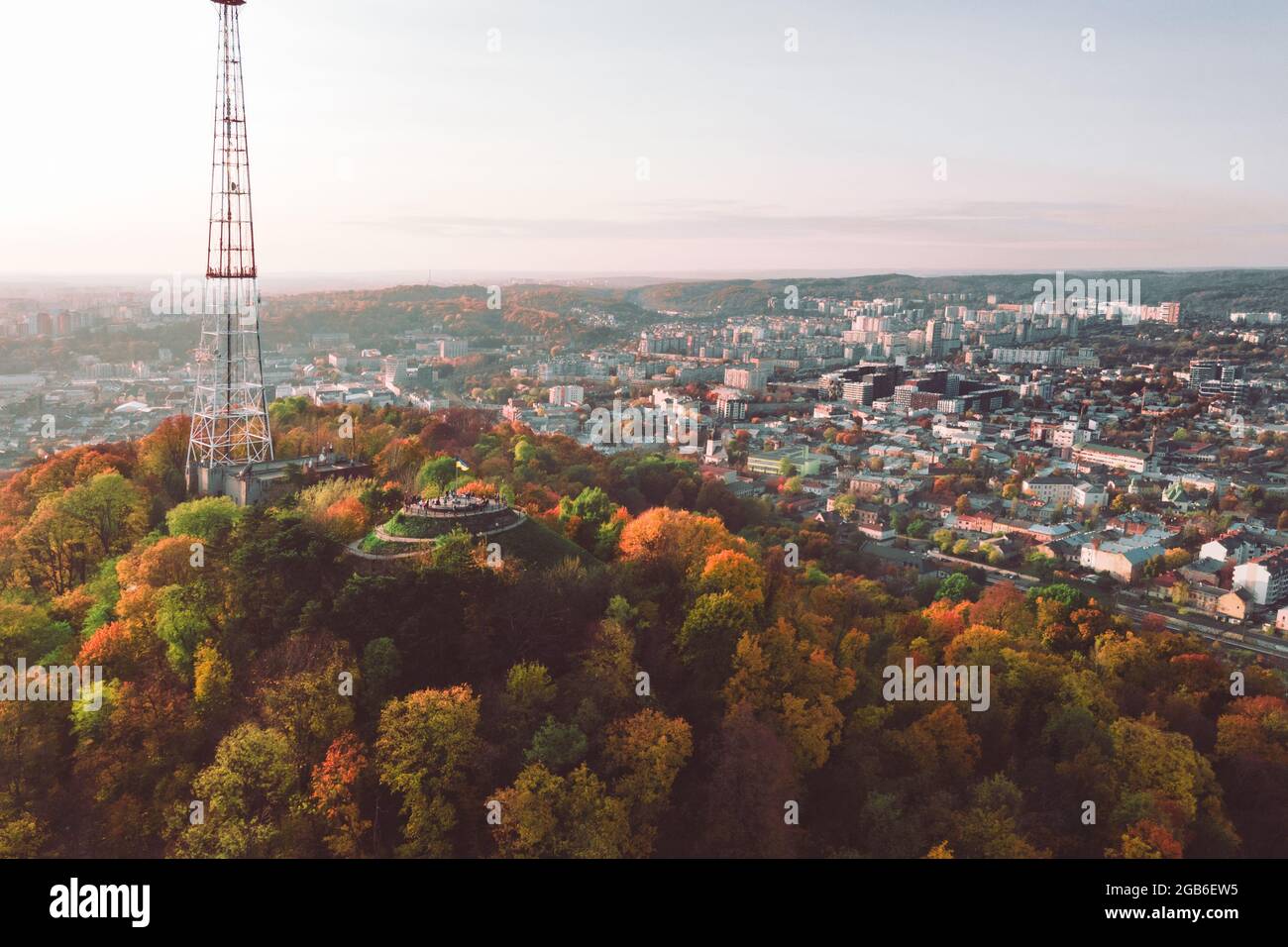 aerial view of observation desk public park above autumn city copy ...