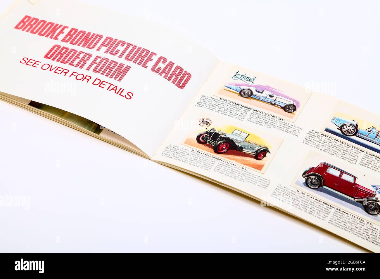 Brooke Bond picture cards book The History of the Motor Car isolated on a white background Stock Photo
