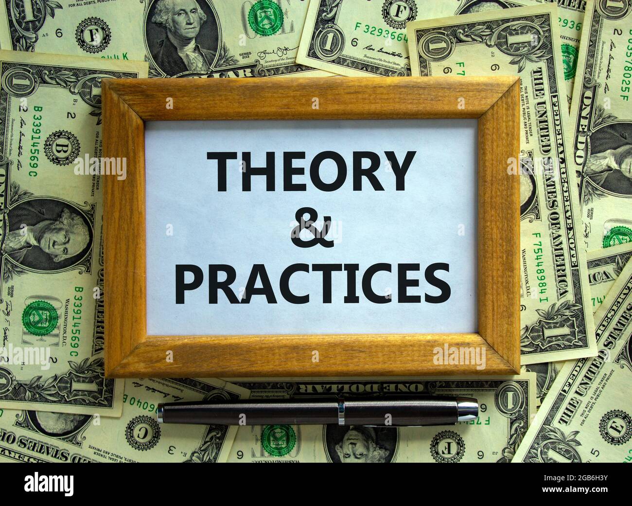 Theory and practice symbol. Wooden frame with words 'Theory and ...