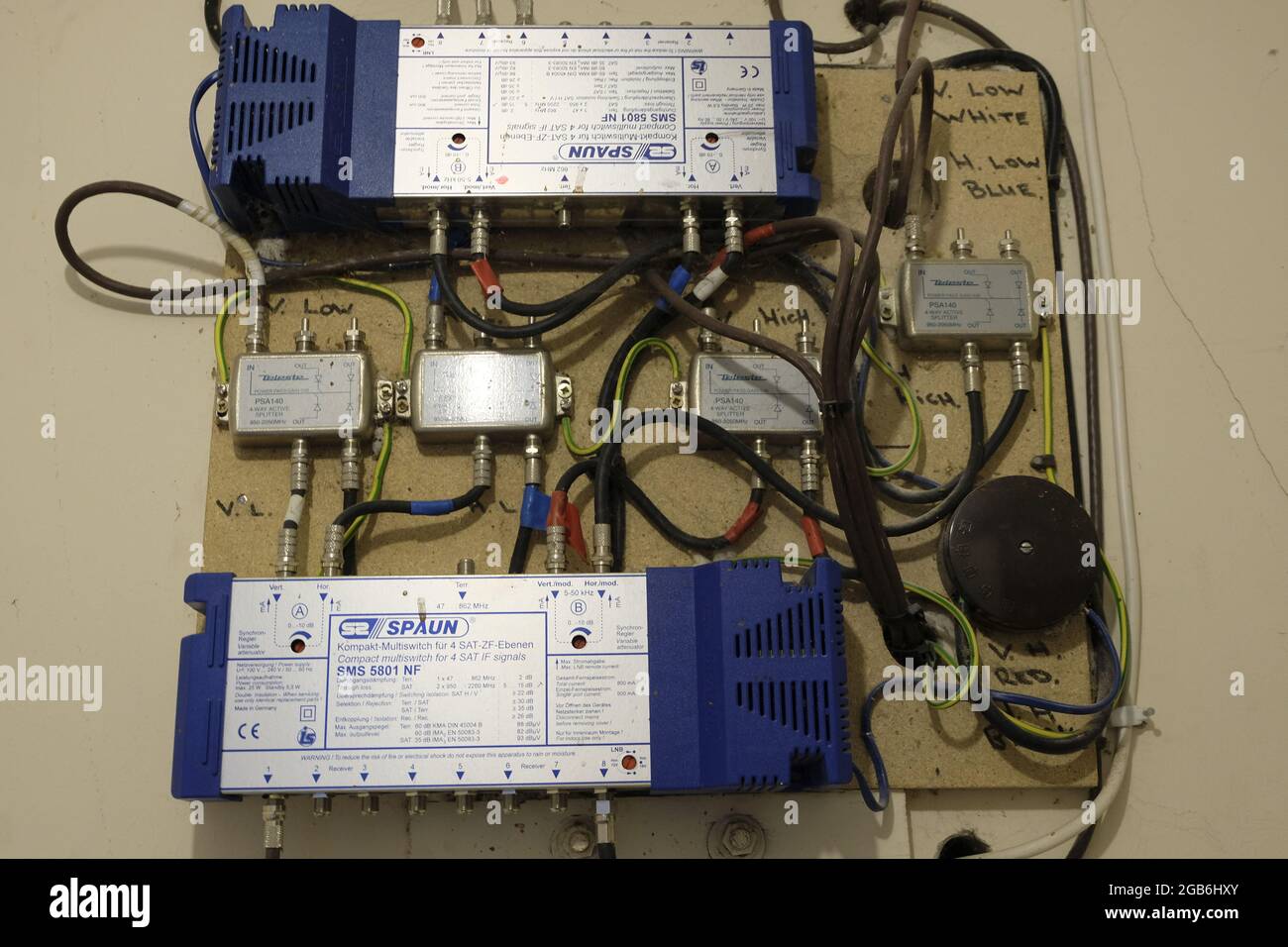 Complicated lighting circuit board for a block of flats in the UK Stock Photo