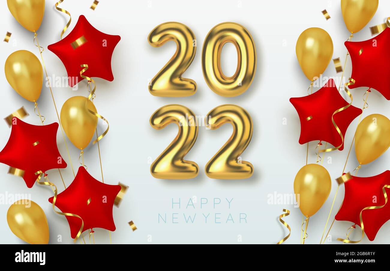Happy New Year 2022. Background realistic golden text and stars of golden and red balloons.Vector Stock Vector