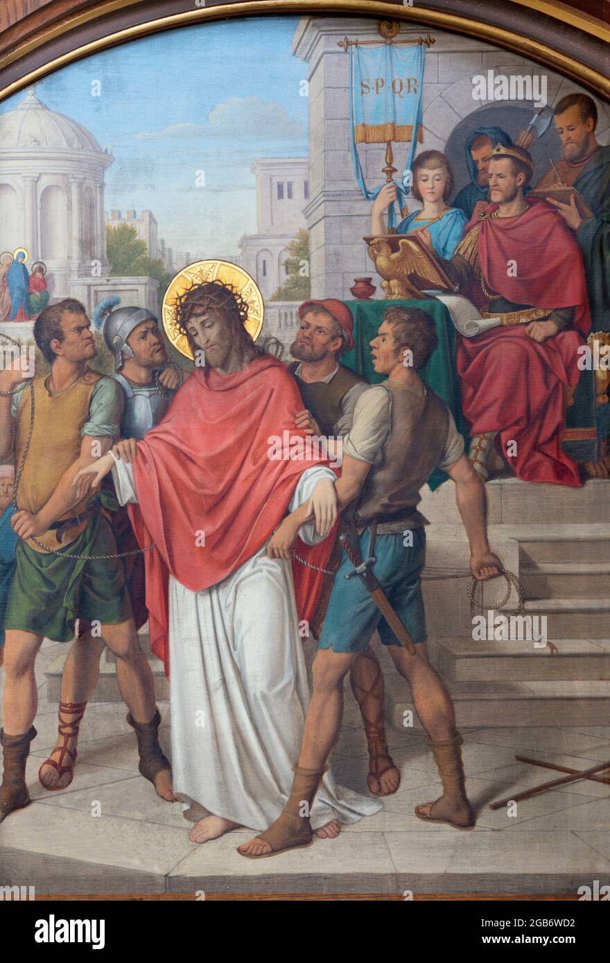 VIENNA, AUSTIRA - JUNI 17, 2021: The painting of Fall of Jesus before Pilate as part of Cross way stations in church Marienkirche Stock Photo
