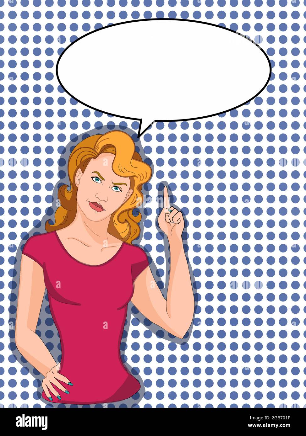 pop art ,characters ,cartoon woman ,pointing up ,speech bubble ,blue back ground Stock Photo