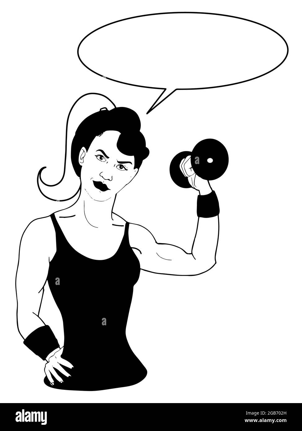 cartoon,pop art, strong ,sport woman ,characters,strong arms  fit half body ,speech bubble,black white colors Stock Photo