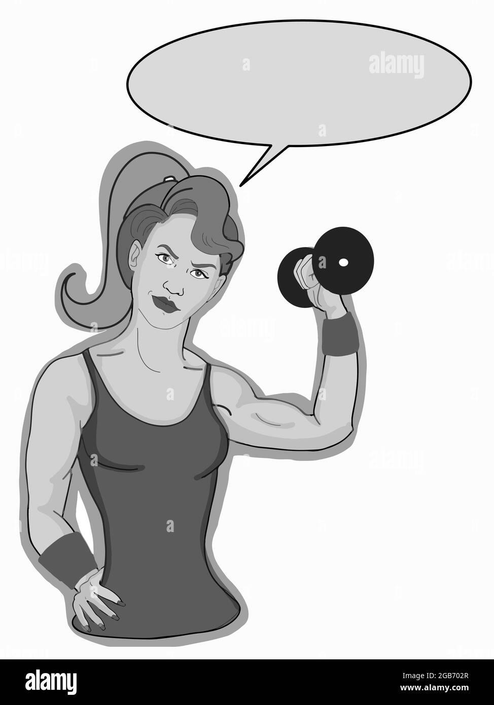 cartoon,pop art, strong ,sport woman ,characters,strong arms  fit half body ,speech bubble,gray colors Stock Photo