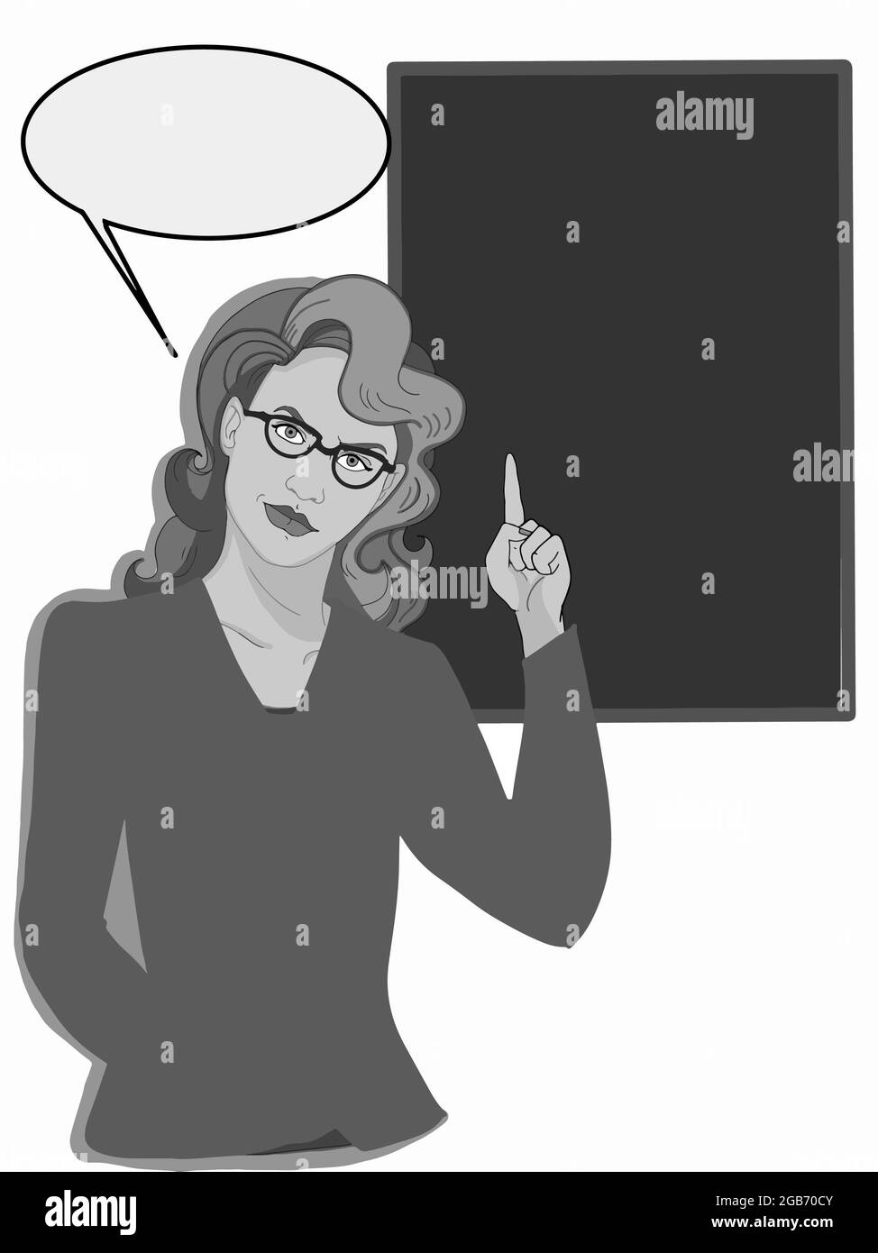 pop art ,cartoon , woman pointing  up ,speech bubble , finance board,gray colors Stock Photo