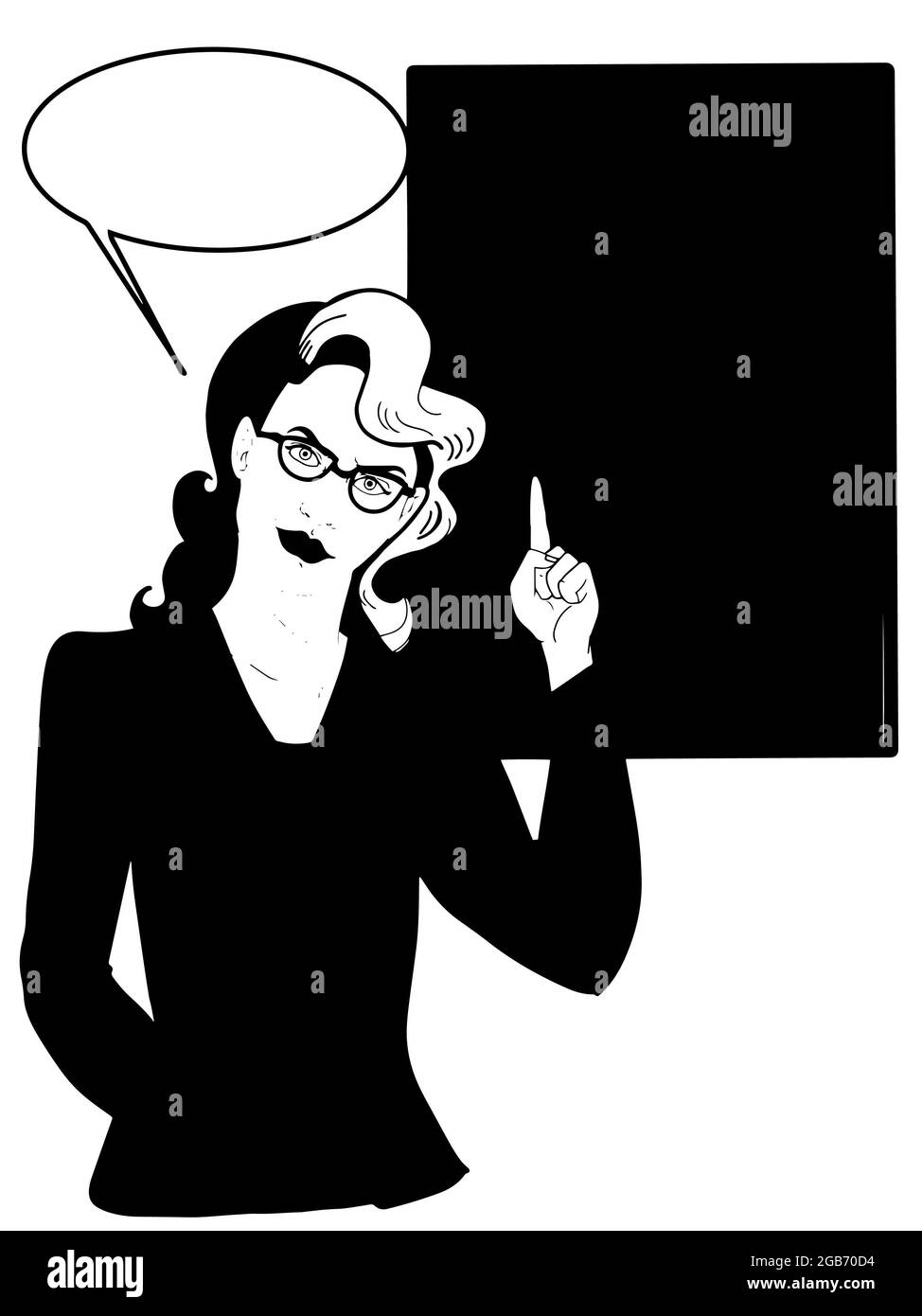 pop art ,cartoon , woman pointing  up ,speech bubble , finance board black white colors Stock Photo