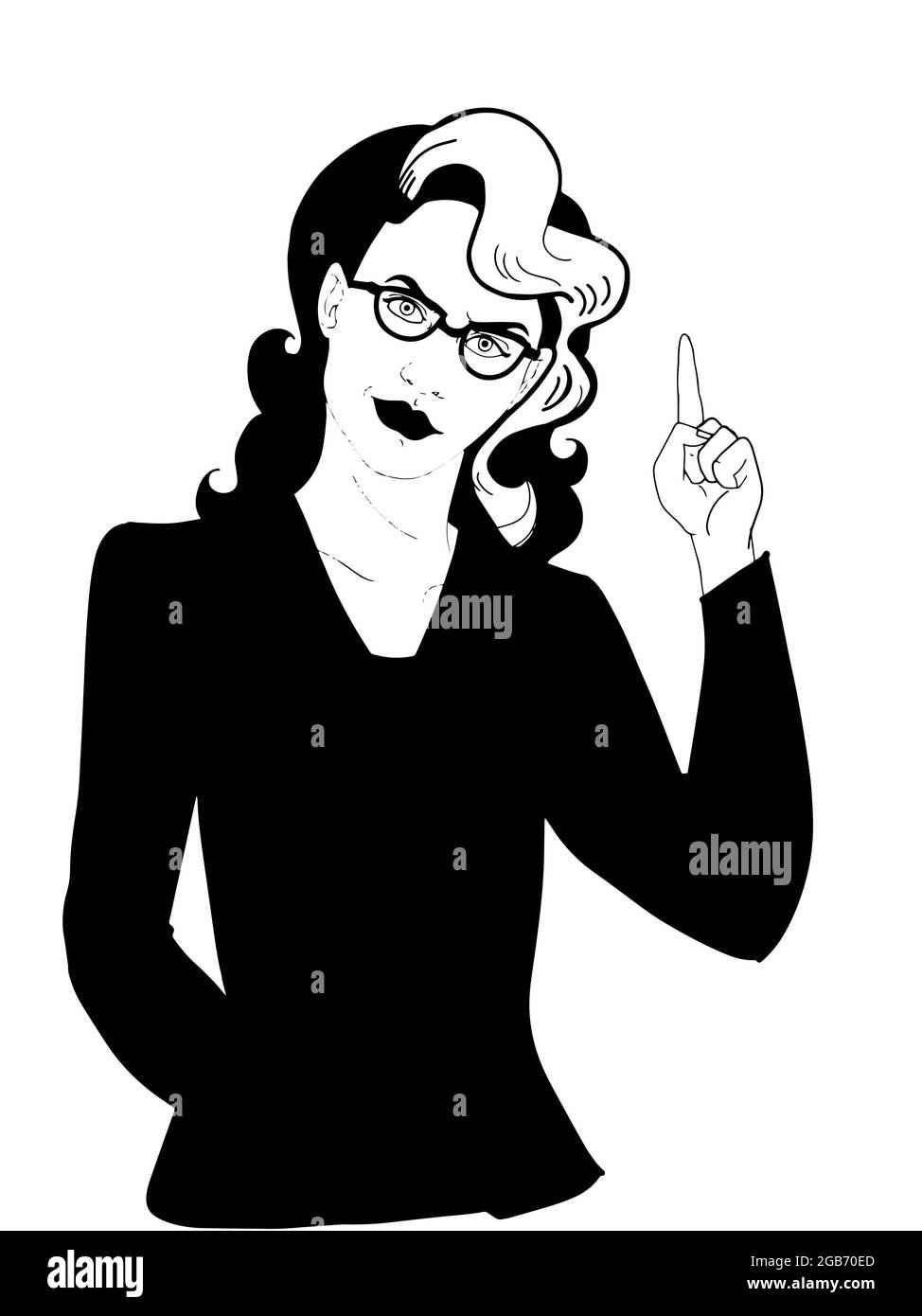 pop art ,cartoon , woman pointing  up,black white colors Stock Photo