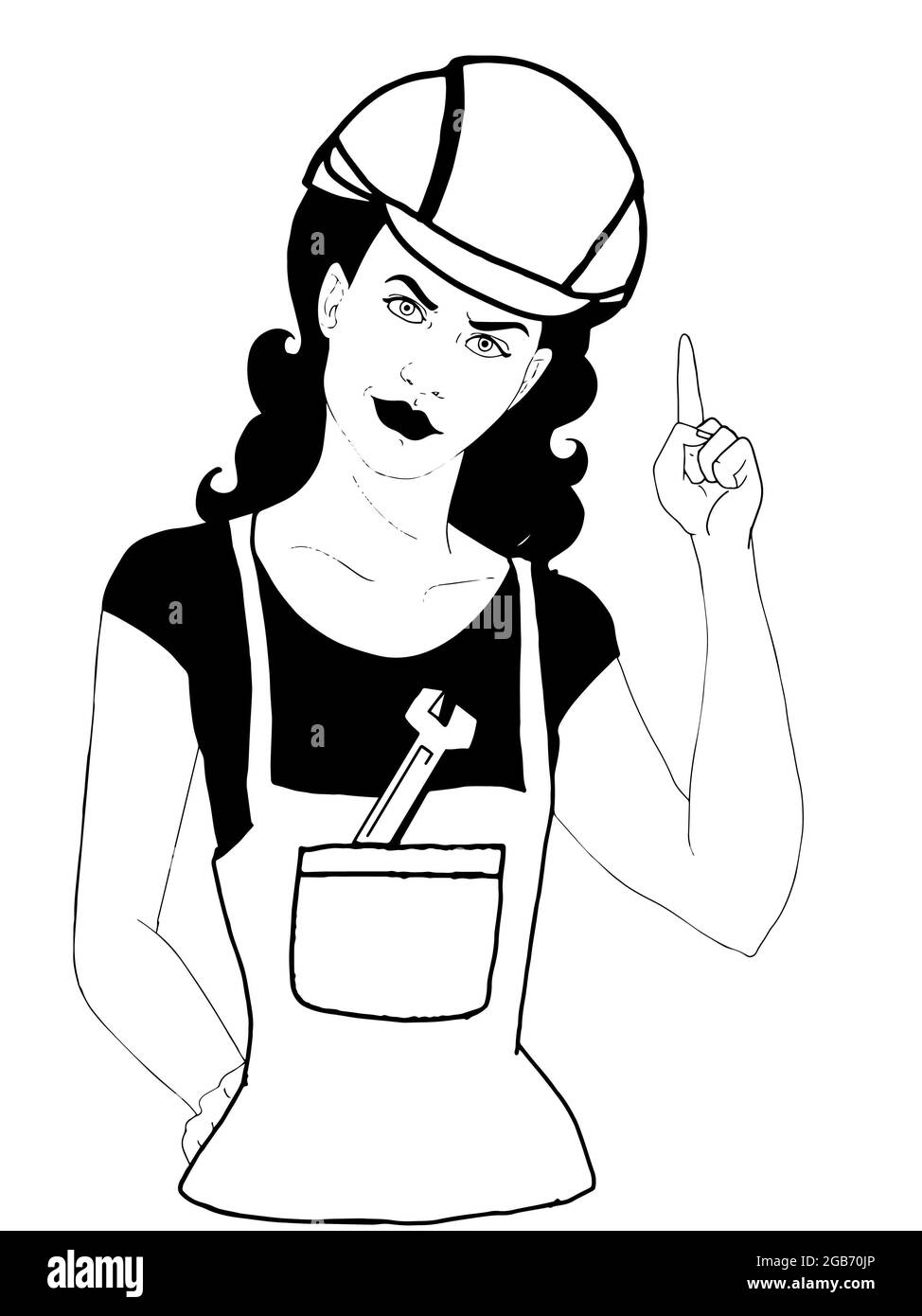 pop art ,cartoon , repair  woman, waist up, pointing  up , helmet black white colors Stock Photo