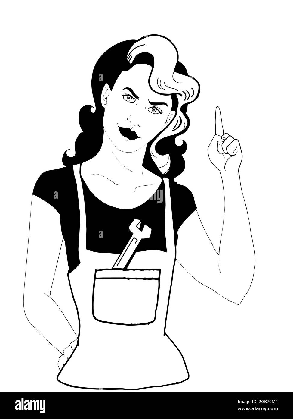 pop art ,cartoon , repair  woman, waist up, pointing  up,black white colors Stock Photo