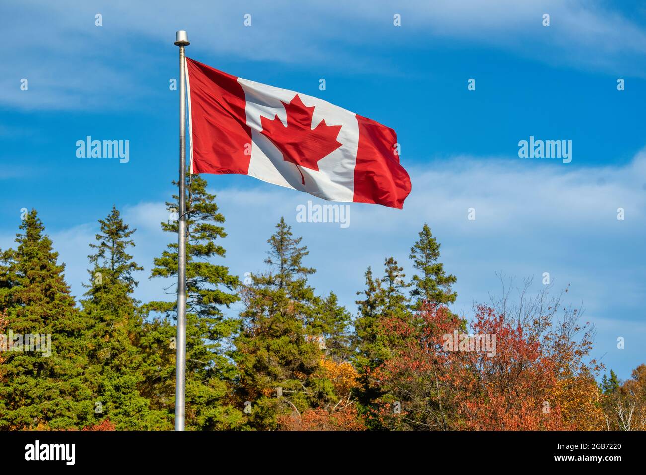 Canadian flag flying in a brisk wind over an autumn landscape. Stock Photo