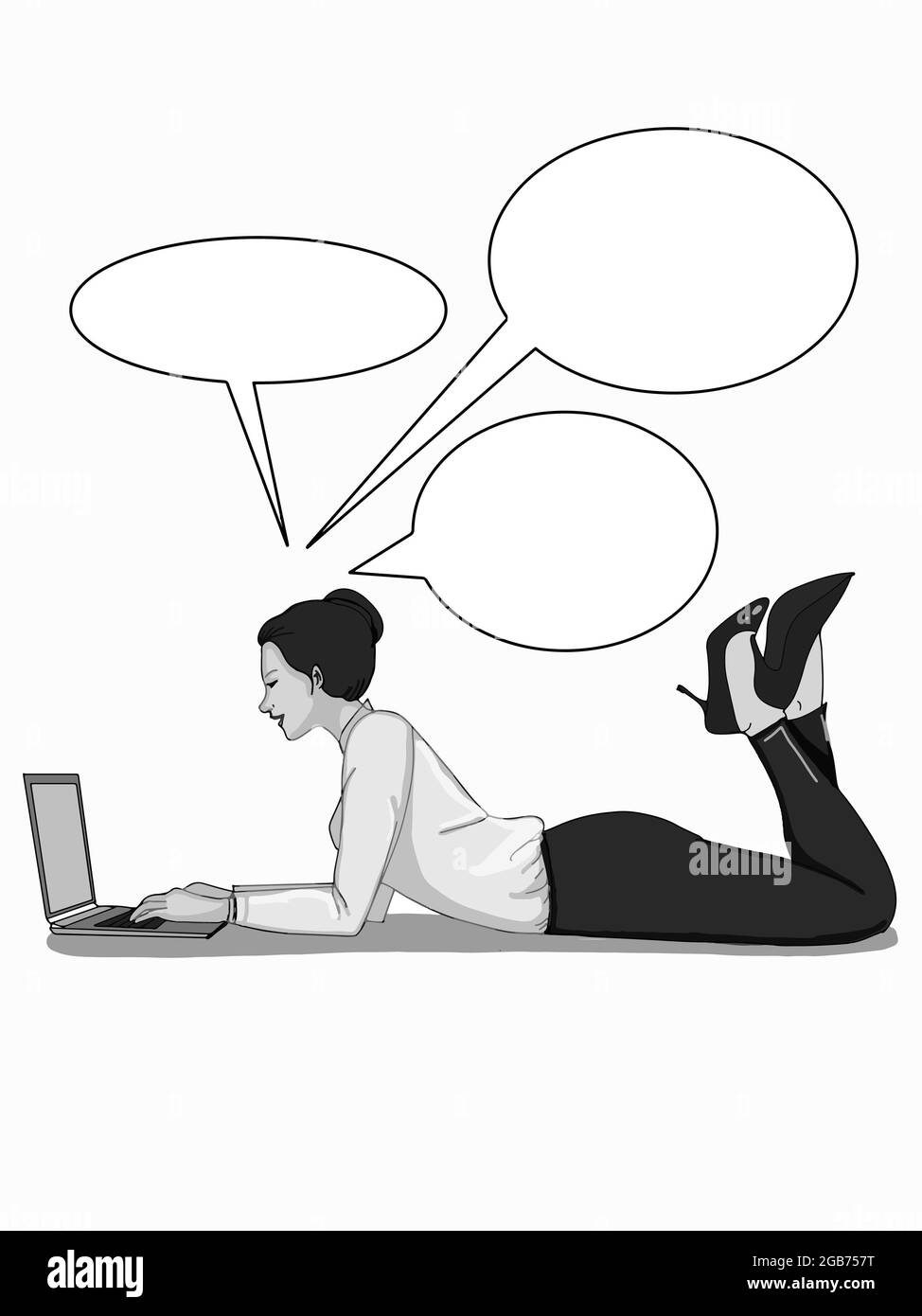 business woman with laptop ,speech bubbles ,gray colors Stock Photo