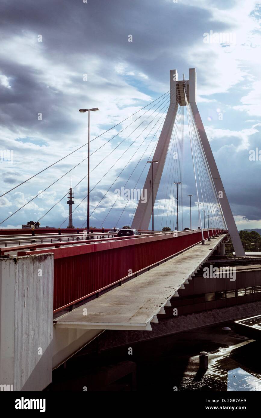 The iconic Pylon Bridge at the City Highway Ludwigshafen am Rhein /Germany. The structure was built in 1959 and is facing demolition due to structural Stock Photo