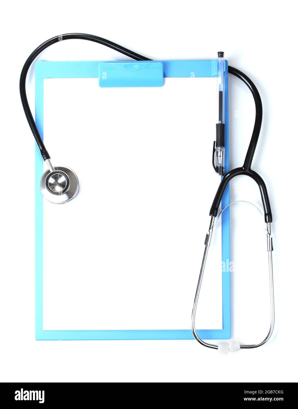 stethoscope and blue clipboard isolated on white Stock Photo - Alamy