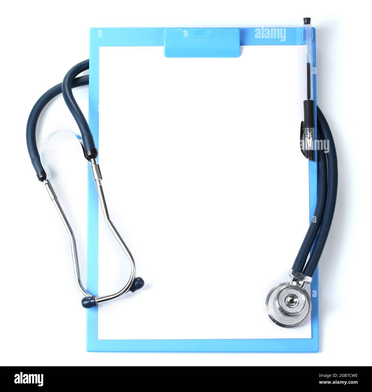 stethoscope and blue clipboard isolated on white Stock Photo - Alamy