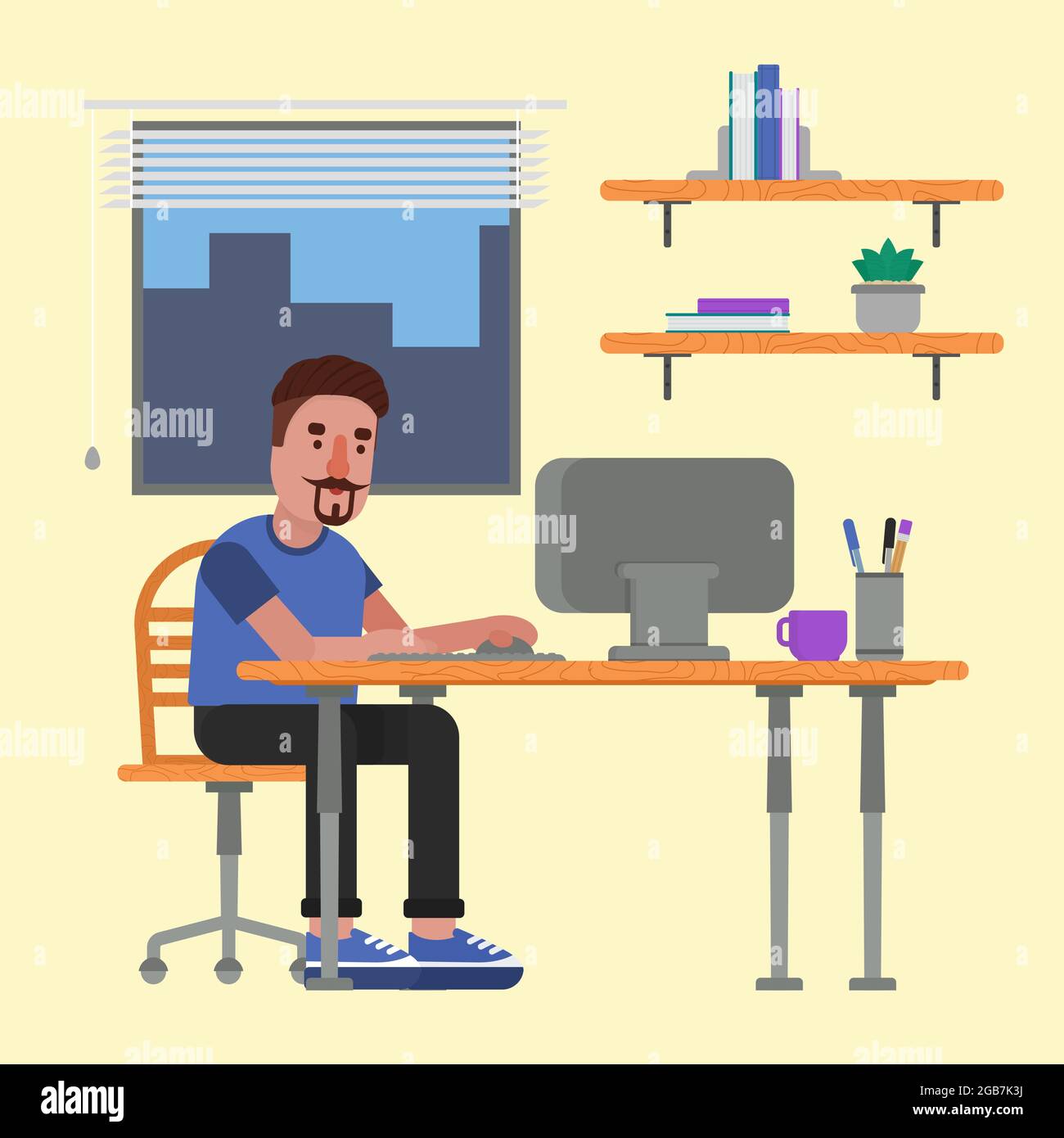 Concentrated man working on the computer in his office. Stock Vector