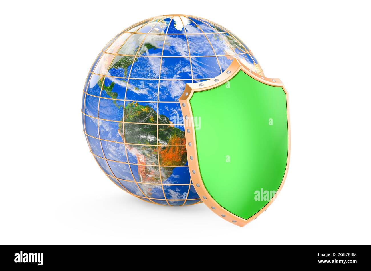 Earth Globe with shield, 3D rendering isolated on white background