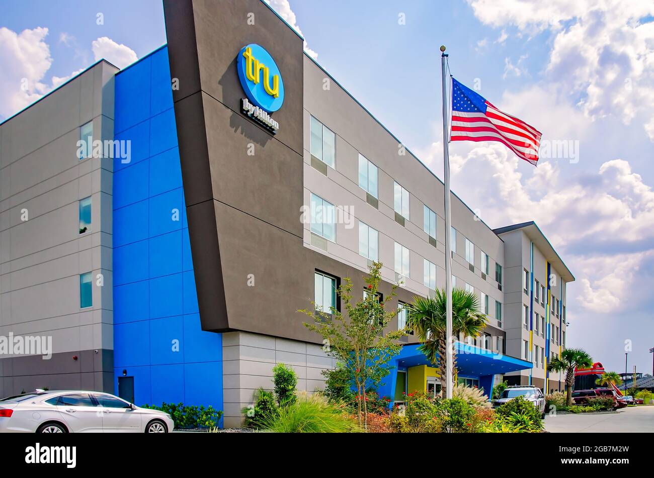 A Tru by Hilton hotel is pictured on Satchel Paige Drive, Aug. 1, 2021, in Mobile, Alabama. Hilton Worldwide launched the new midscale hotel brand. Stock Photo