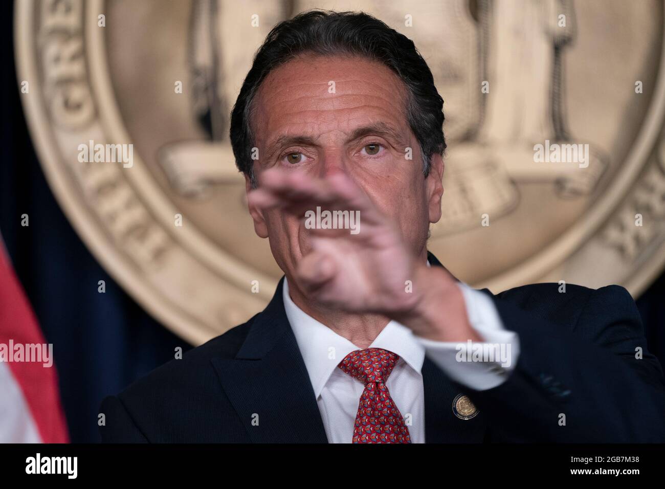Governor Andrew Cuomo holds press briefing and makes announcement to combat COVID-19 Delta variant at 633 3rd Avenue in New York on August 2, 2021. (Photo by Lev Radin/Sipa USA) Stock Photo