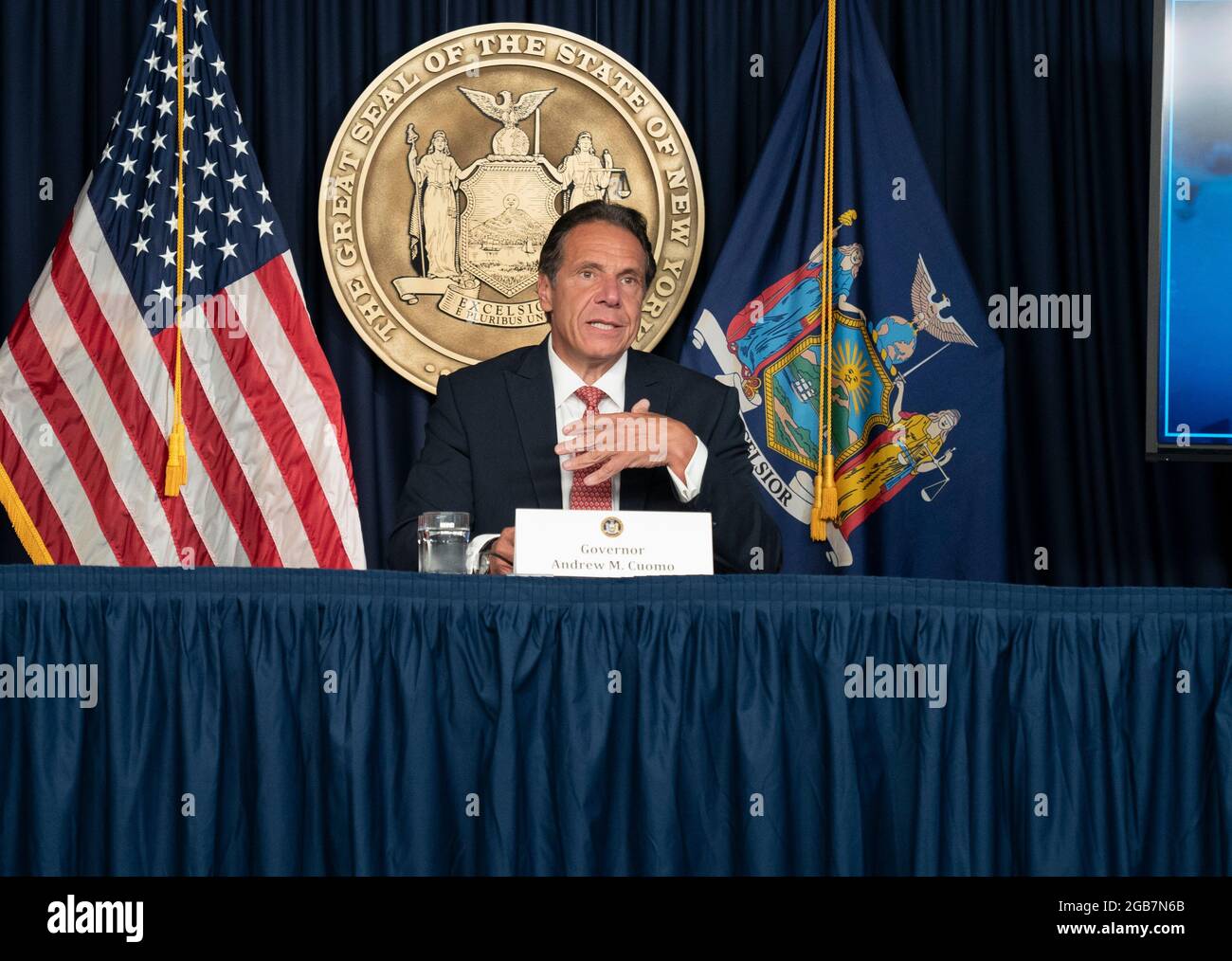 Governor Andrew Cuomo holds press briefing and makes announcement to combat COVID-19 Delta variant at 633 3rd Avenue in New York on August 2, 2021. (Photo by Lev Radin/Sipa USA) Stock Photo