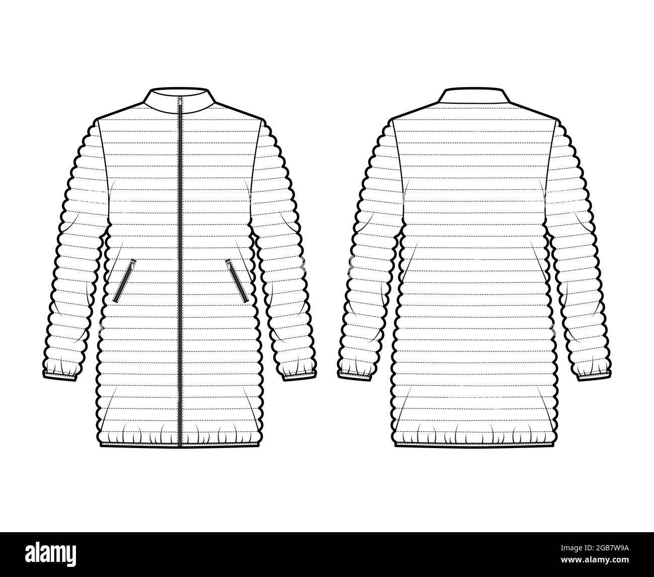 Down puffer coat jacket technical fashion illustration with long